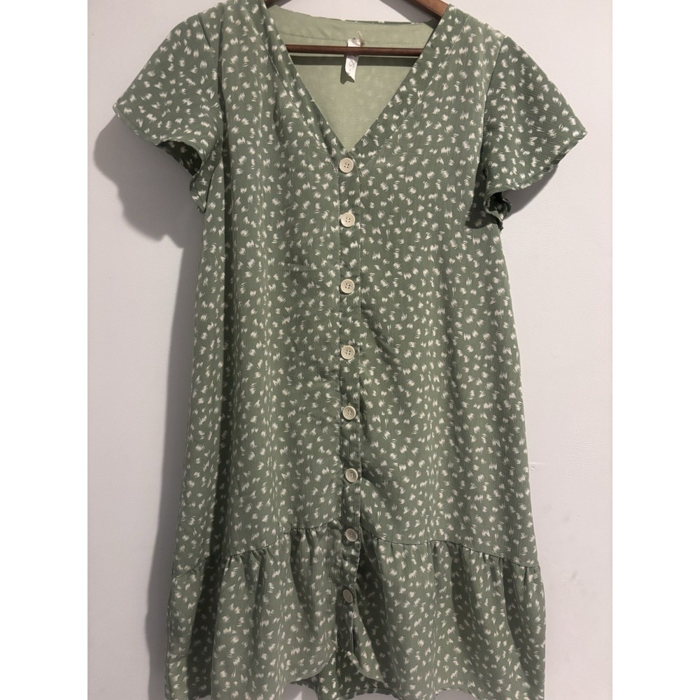 L Love Green Boho Chuc Summer V Neck Button Front Mini Dress Small